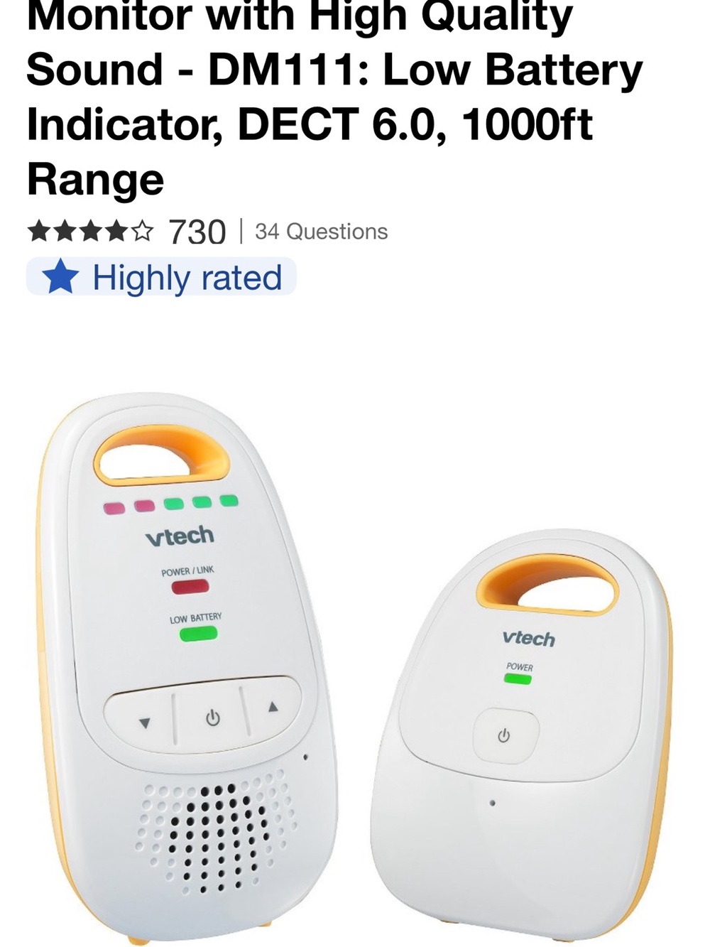 VTech DM111 Portable Audio Monitor — White & Yellow